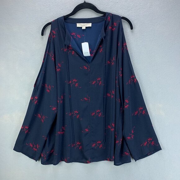 Ann Taylor Loft Blouse Womens Large Blue Red Floral Cold Shoulder Semi Sheer - Picture 1 of 16